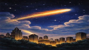 Kometa na noćnom nebu iznad grada u crtanom retro stilu – ilustracija