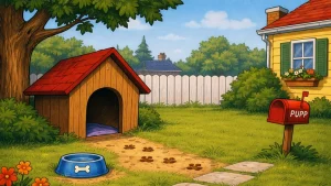 Kućica za psa u dvorištu sa činijom, ogradom i tragovima šapa – crtana ilustracija