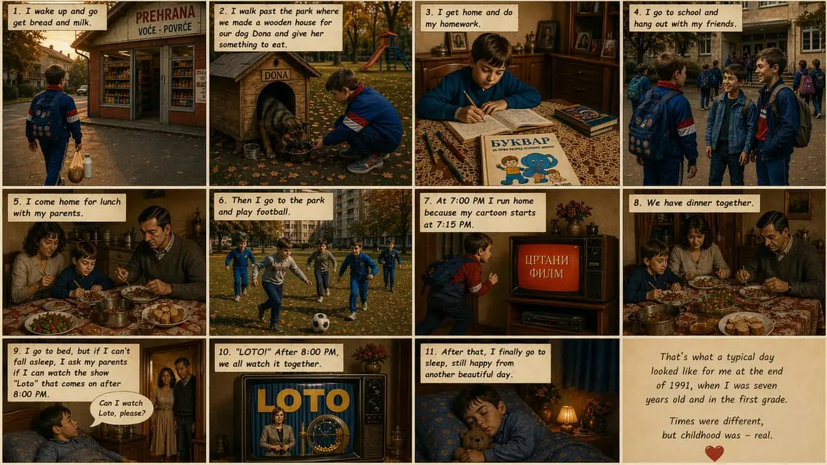 life in Yugoslavia 1990s childhood daily routine storyboard illustration