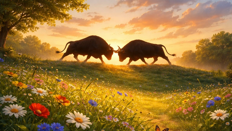 livada sa cvecem i siluete bikova koji se sudaraju rogovima u daljini inspirisana ilustracija