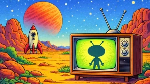 ilustracija inspirisana crtanim filmom marvin marsovac sa retro crt televizorom i svemirskim pejzazom