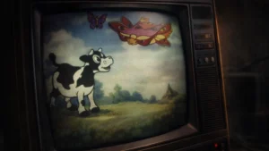 Molly Moo Cow and the Butterflies 1935 cartoon displayed on retro CRT television screen