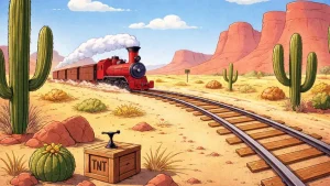 pera kojot crtani pustinja voz sine kaktusi retro ilustracija scena