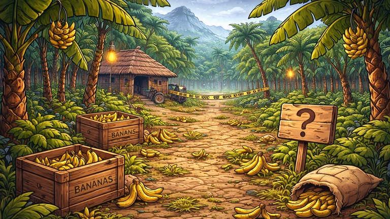crtani stil ilustracija plantaza banana sa praznim sanducima i misterioznom scenom