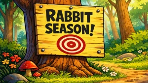cartoon forest sign with rabbit season text on wooden board