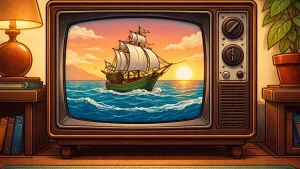 retro CRT televizor sa ilustracijom broda na moru u crtani stil inspirisana scena