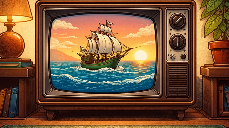 retro CRT televizor sa ilustracijom broda na moru u crtani stil inspirisana scena