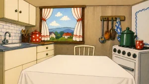 retro kuhinja 80s ilustracija jugonostalgija stari sto i kuhinjski ambijent