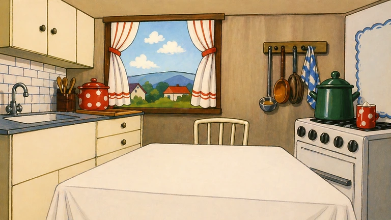retro kuhinja 80s ilustracija jugonostalgija stari sto i kuhinjski ambijent