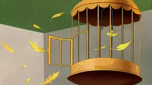 silvester i tviti crtani prazan kavez zuto perje leti retro ilustracija scena