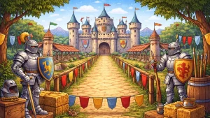 crtani stil ilustracija srednjovekovni dvorac i viteska arena sa oklopima