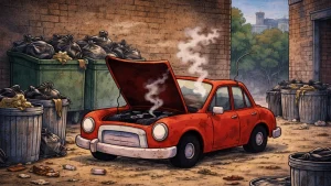 Stari detektivski auto u zapuštenom delu grada pored kanti za đubre – crtana ilustracija