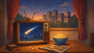 super mis crtani inspirisana retro ilustracija sa crt televizorom i kometom na nebu