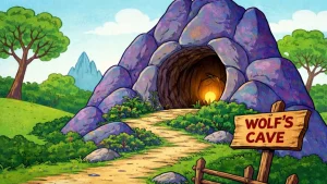 Vuk Vučko 1960 crtani ilustracija pećine inspirisana retro stilom animacije