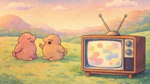 wummi crtani inspirisana retro ilustracija sa crt televizorom i decijim likovima u prirodi