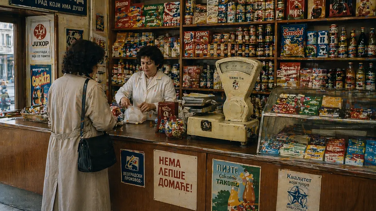 local shop in Yugoslavia 1990s grocery store interior retro products