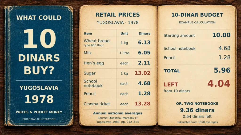 Illustrated books showing average retail prices and a 10-dinar budget in Yugoslavia in 1978.