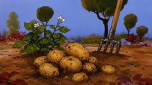 Wummi epizoda inspirisana ilustracija krompira u bašti u retro crtano-film stilu