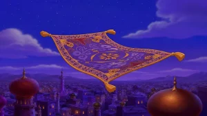 Aladin 1992 inspirisana ilustracija letećeg ćilima iznad fantazijskog grada