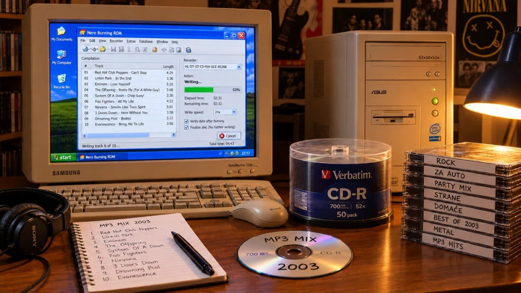 Illustration of a CRT monitor running Nero Burning ROM beside blank CD-Rs and handwritten mix CDs