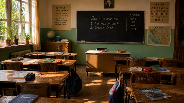 classroom in late 1990s Yugoslavia before mobile phones and the internet