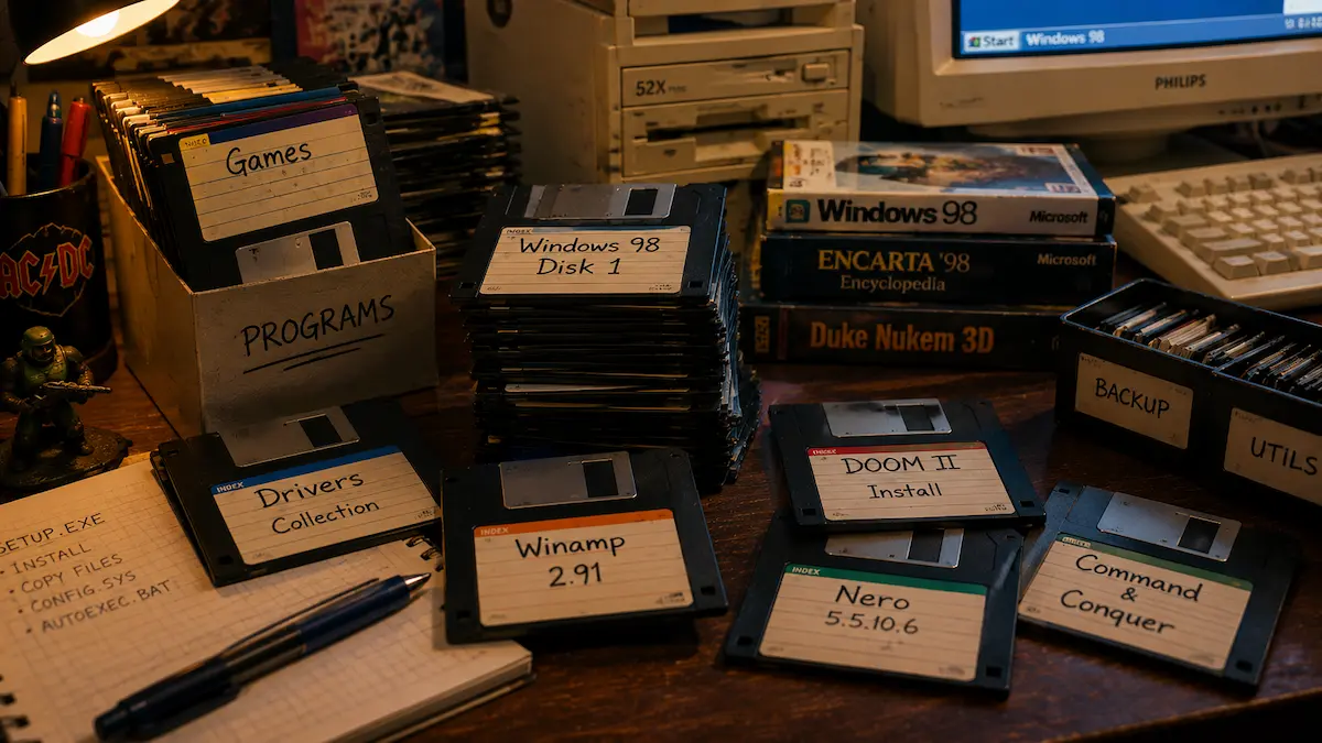 Diskete sa Windows 95, igricama i drajverima na retro stolu iz 90-ih