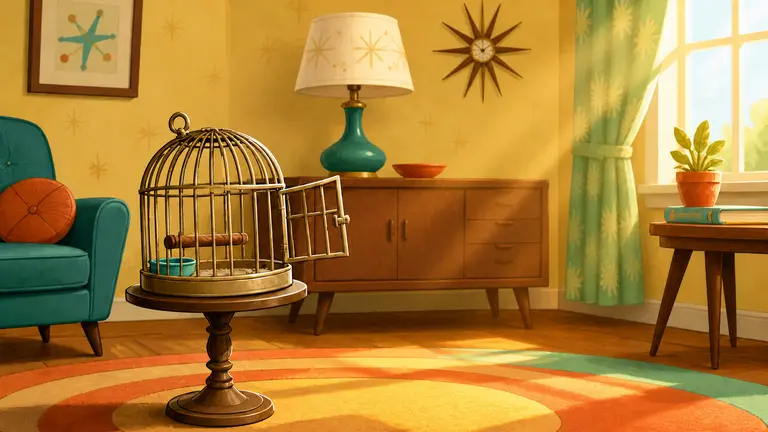 I Taw A Putty Tat 1948 empty birdcage in a sunny living room