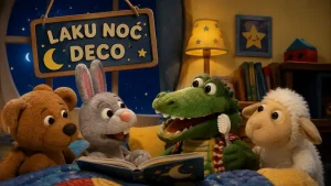 Laku noć deco inspirisana ilustracija retro lutaka u večernjoj sobi