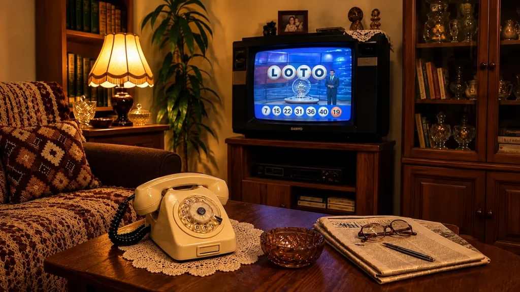 Rotary landline telephone on a coffee table in a nostalgic living room with a CRT television showing Loto