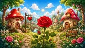 Štrumfovi Romeo i Štrumfeta inspirisana ilustracija romantičnog sela sa crvenom ružom