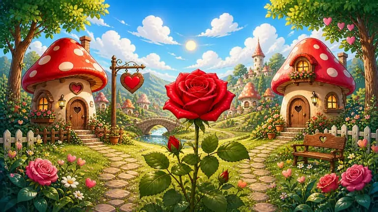 Štrumfovi Romeo i Štrumfeta inspirisana ilustracija romantičnog sela sa crvenom ružom