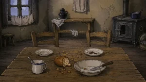 Zemlja snova 1936 inspirisana ilustracija starog siromašnog stola sa ostacima hrane