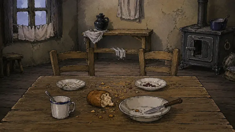 Zemlja snova 1936 inspirisana ilustracija starog siromašnog stola sa ostacima hrane