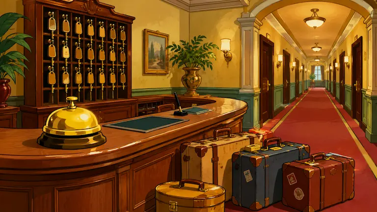A Pest In The House 1947 inspired illustration of a vintage hotel lobby with luggage and reception desk