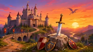 King Arthur Court 1978 inspired illustration of Camelot castle with sword in stone at sunset