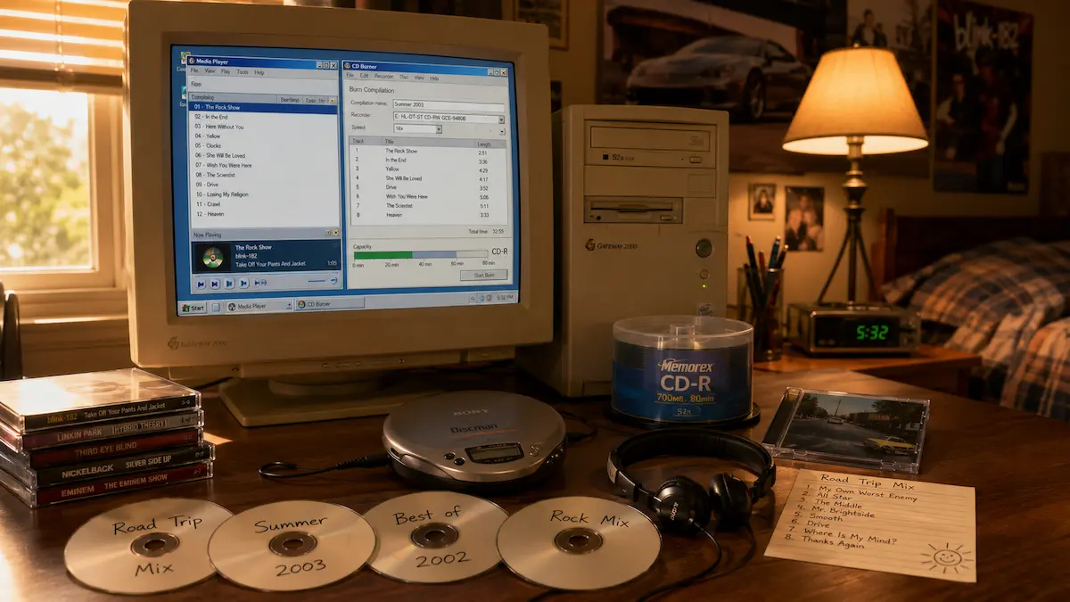 Early 2000s computer desk with a CRT monitor, CD burning software, portable CD player, headphones, and handwritten MP3 mix discs