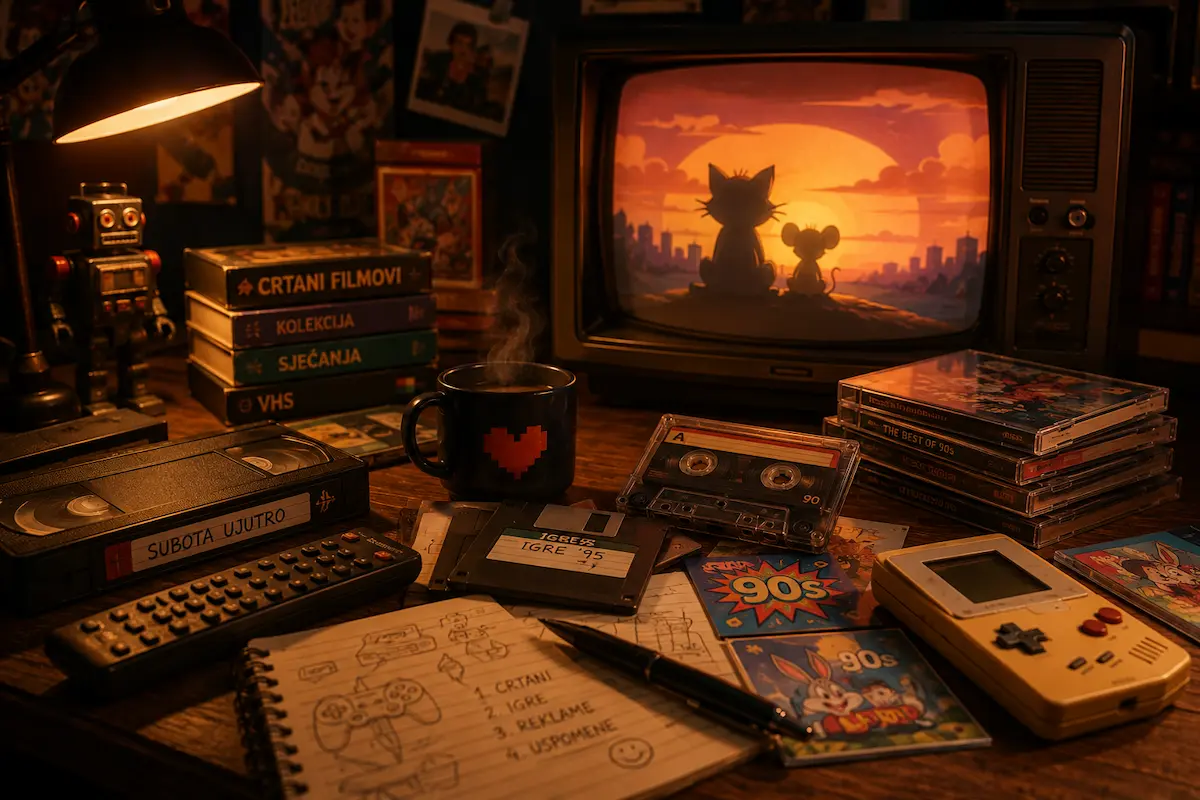 Retro archive room with CRT television, VHS tapes, cassette, floppy disks and nostalgic childhood memories