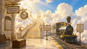 Heavenly Puss 1949 inspired illustration of a heavenly railway station above the clouds