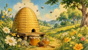 Honeyland 1935 inspired illustration of a beehive in a sunny flower meadow