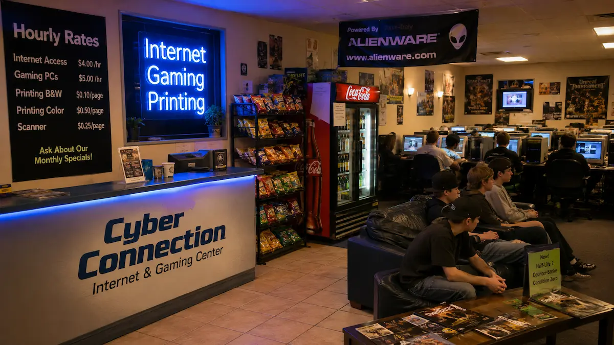 Internet café and LAN center from the 2000s with hourly rates and gaming PCs