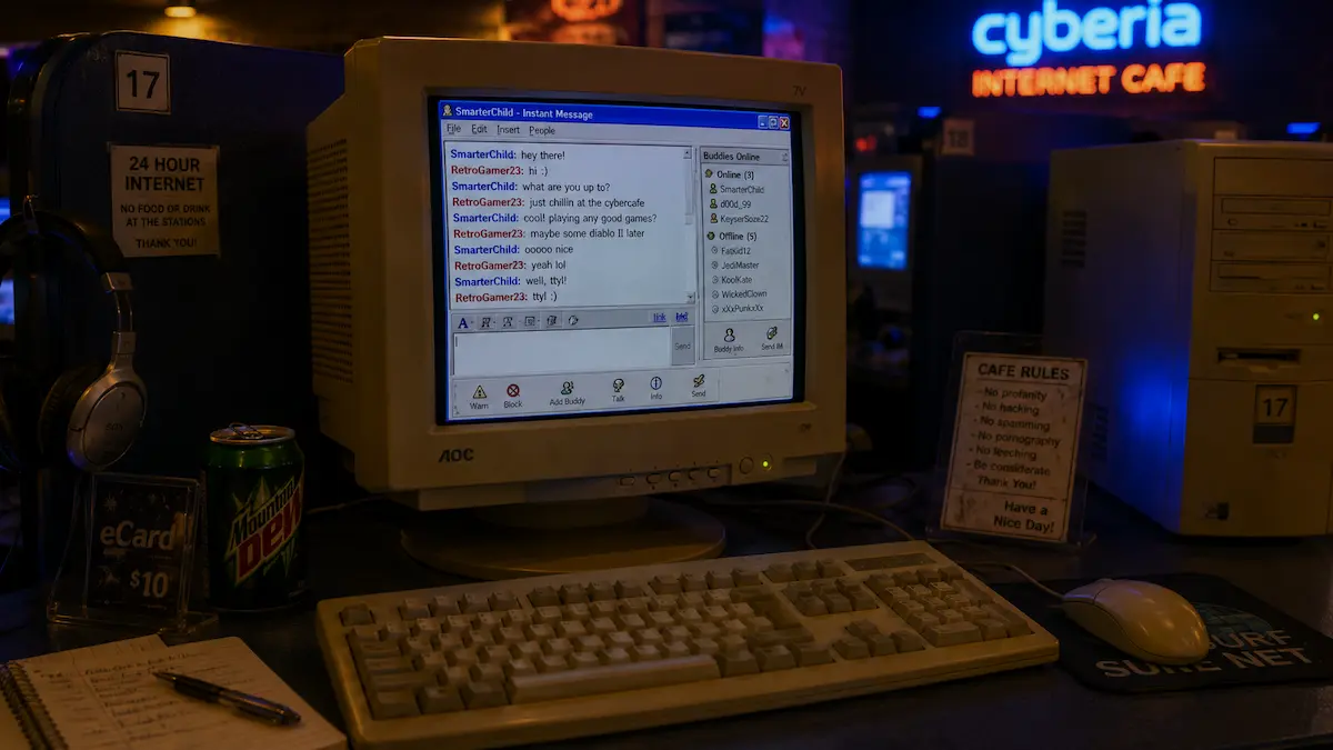 Instant messenger chat on a CRT monitor in a 2000s internet café and LAN center
