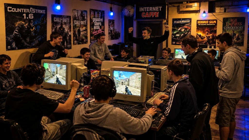 Ilustracija društva koje igra Counter-Strike na CRT monitorima u internet kafiću iz 2000-ih.