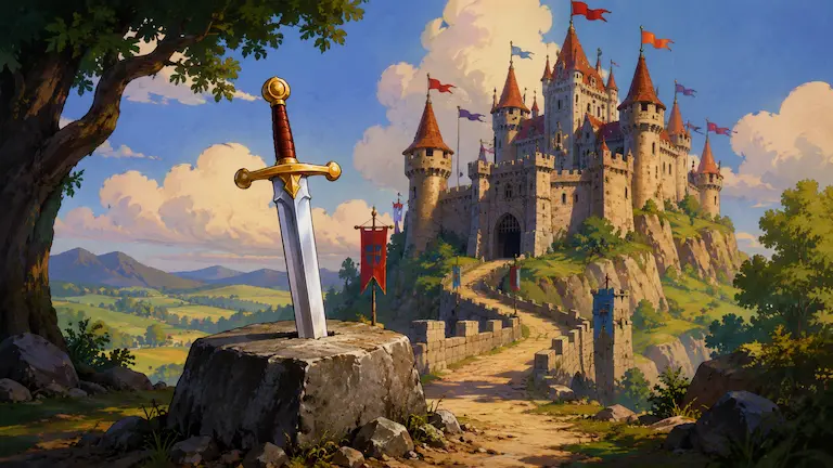 Knighty Knight Bugs 1958 inspired illustration of a medieval castle and legendary sword in a stone