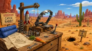 Operation Rabbit inspired illustration of a desert trap plan with tools and carrots