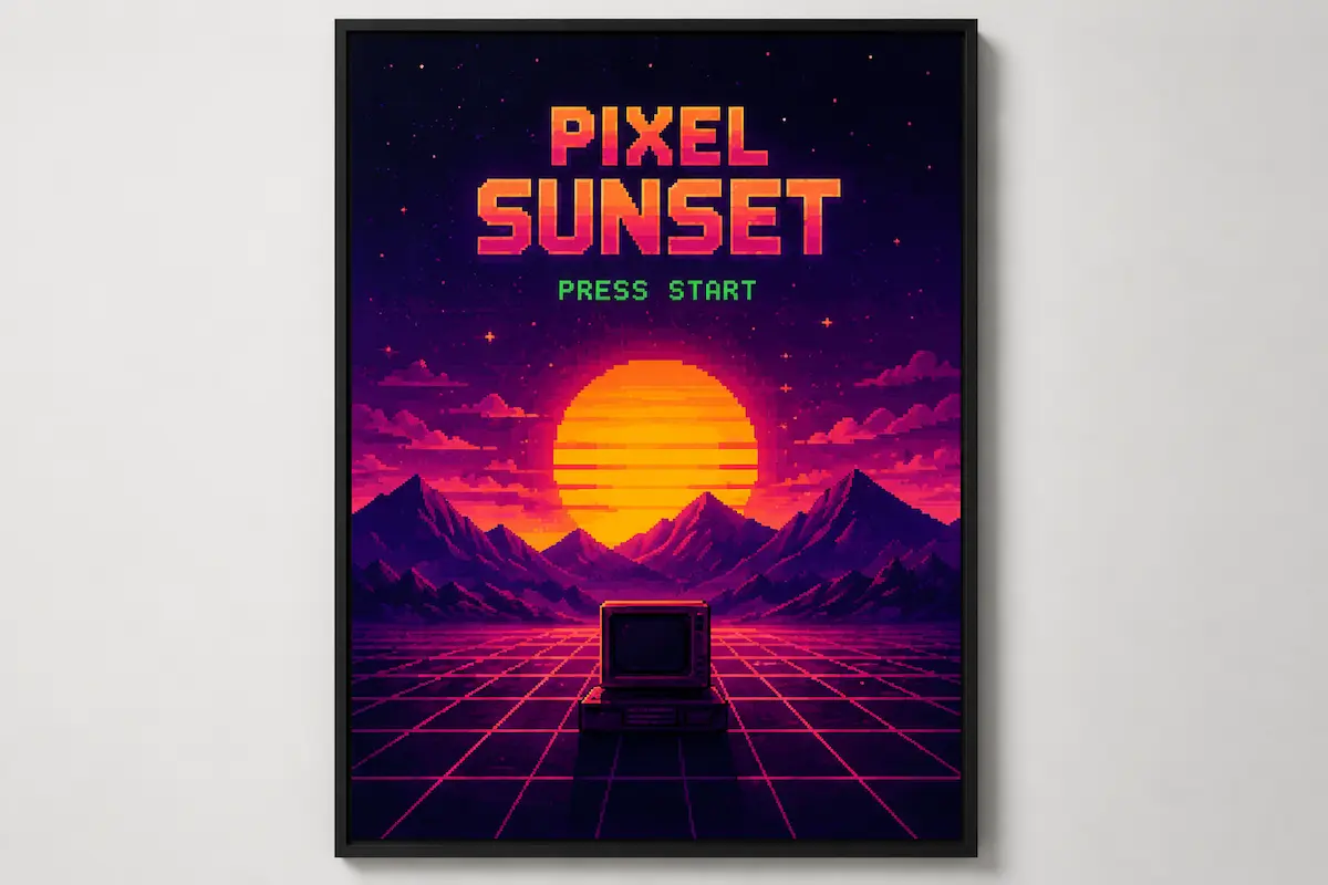 Pixel sunset retro gejming poster sa neonskim planinama i press start natpisom