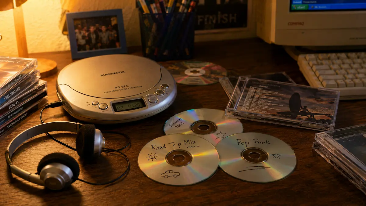 Portable CD player with MP3 CDs, wired headphones, and handwritten mix discs on an early 2000s desk