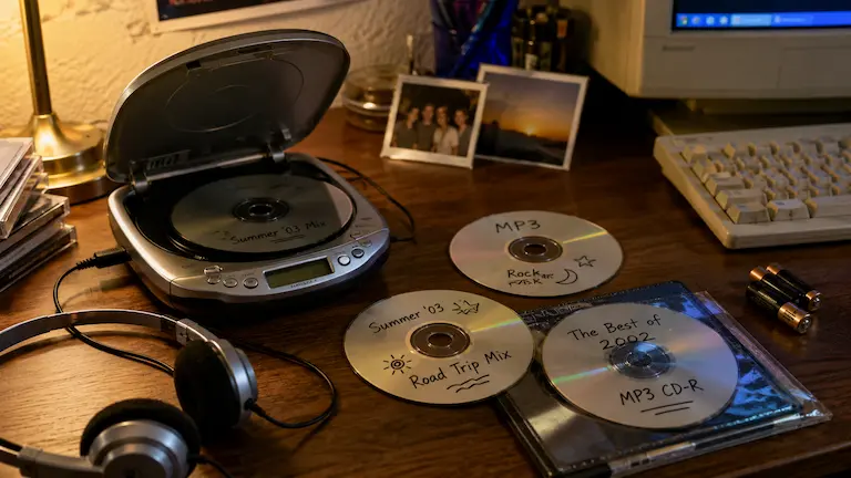 Portable CD player with handwritten MP3 CDs, wired headphones, AA batteries, and an early 2000s computer desk
