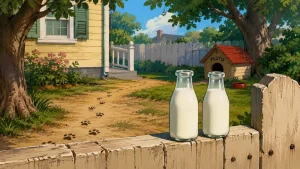 Puss Cafe 1950 inspired illustration of milk bottles on a fence in a sunny backyard
