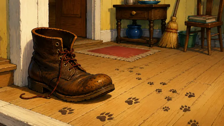Puss Gets the Boot 1940 inspired illustration of a large boot and paw prints on a wooden floor