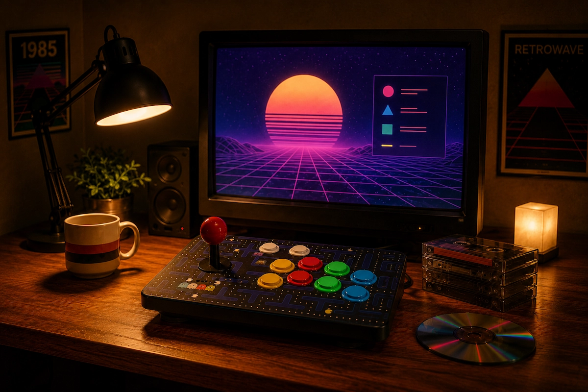 Arcade joystick and gamepad in a nostalgic gaming corner